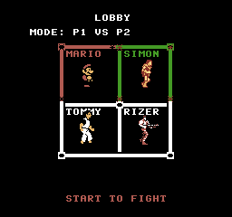 Fighter lobby showing Mario, Simon, Tommy, and Rizer in a two-by-two selection grid, with Simon selected in green.