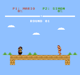 Opening battle screen with Mario on the left, Simon on the right, both at zero percent, and a single brick platform between them.