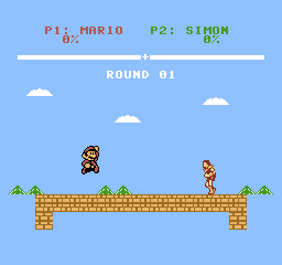 Mario rises over the left side of the platform while Simon stays grounded.