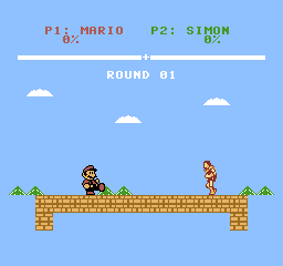 Mario extends his kick on the left. Simon stands beyond its reach, at zero damage.