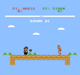 Mario on the left with a small fireball between him and Simon on the right; both damage counters remain at zero percent.