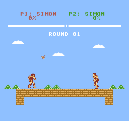 Simon stands on the left while his thrown axe rises above the platform.